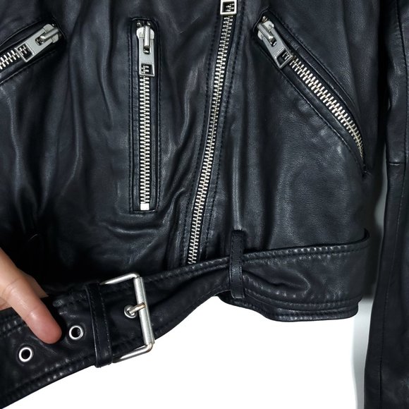 All Saints Black Leather Moto Jacket with Notched Lapel - Picture 7 of 11